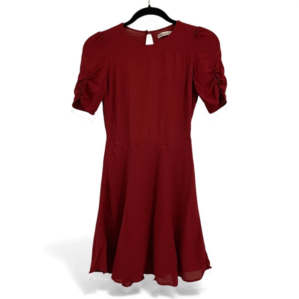 Reformation Gracie Ruched Sleeves flare mini dress Garnet Red burgundy Sz 6